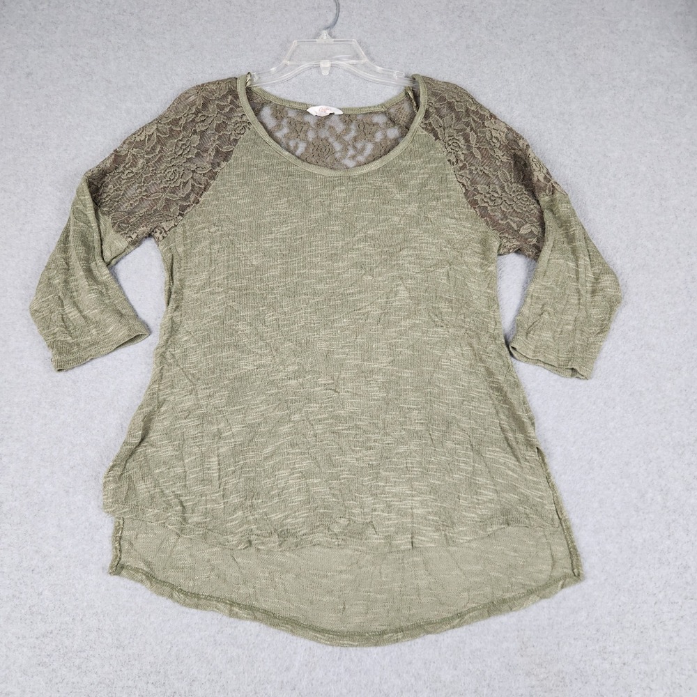 Candies Top Womens XL Olive Green Lace Back Slub Knit High Low 3/4 Sleeve Tee